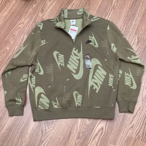 Nike Sweatshirt All Over Print Logo Sportswear Men L Green 1/4 ZIP Pullover NEW